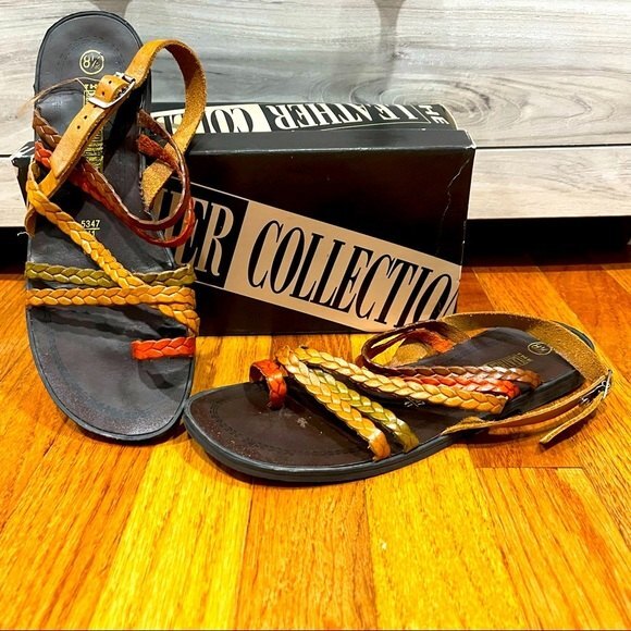 The Leather Collection Brown & Multi Color Braid Strap Lea Loop Sandals 8.5 - Picture 1 of 6